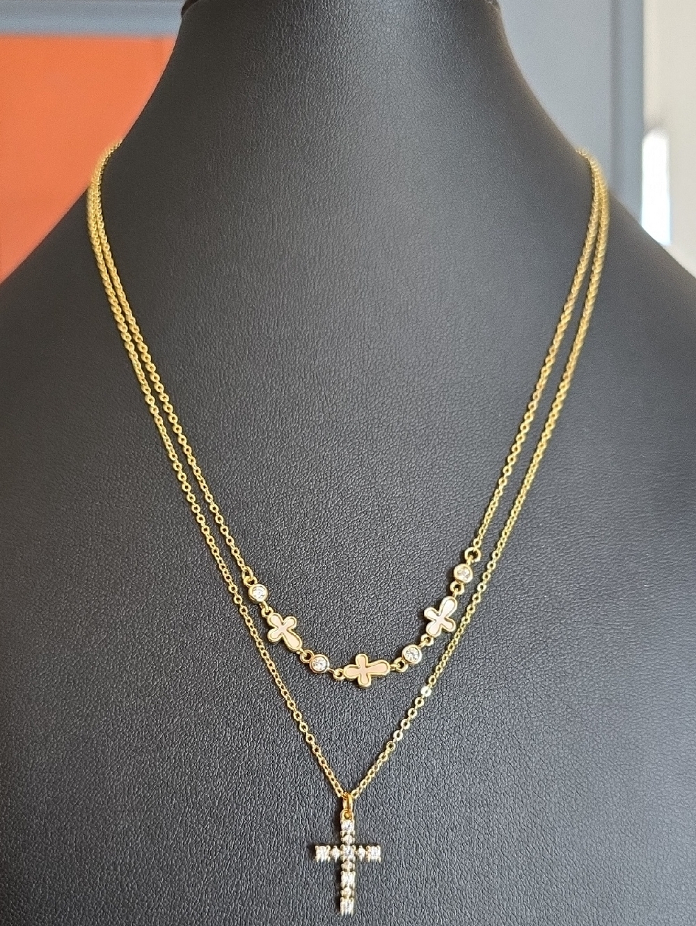 Gold Double-Layer Cross Pendant Necklace - Women Jewelry